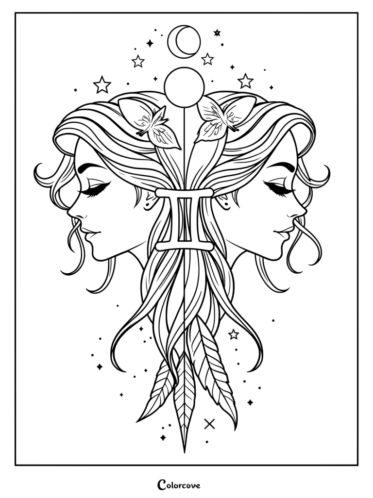 Astrology Zodiac coloring page featuring the Gemini twins with celestial elements.