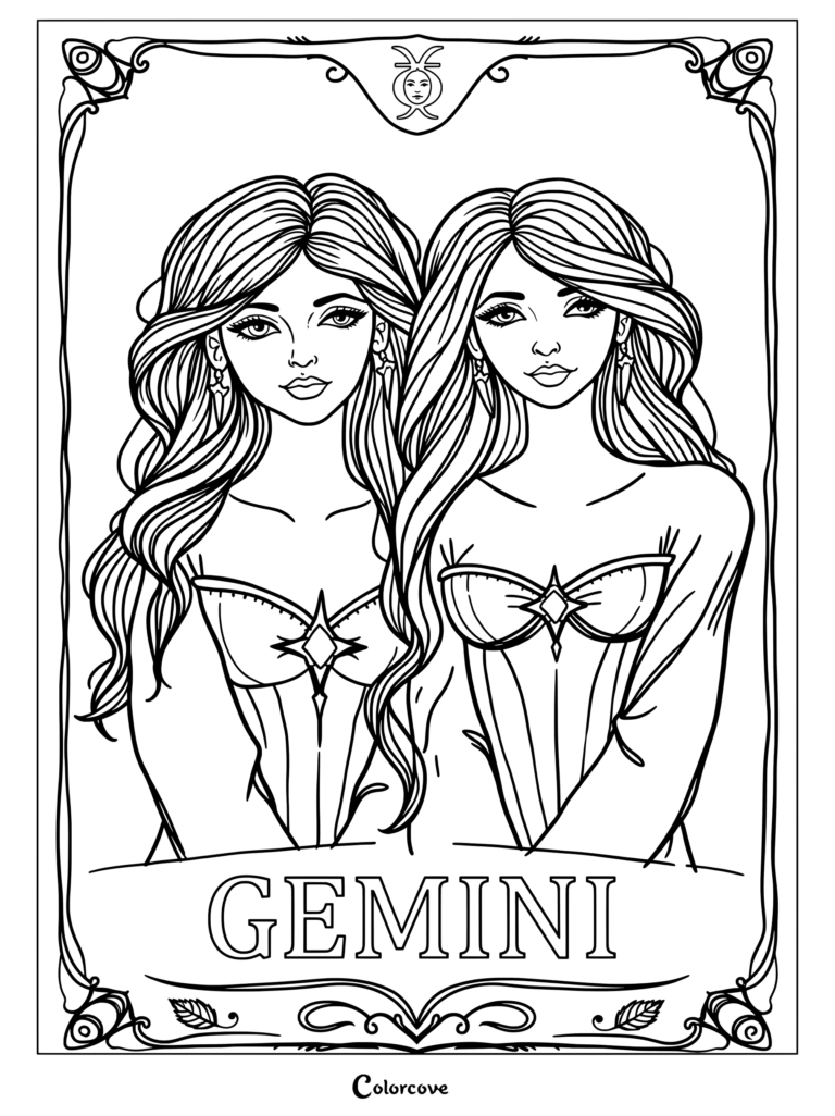 Astrology Zodiac coloring page featuring two twin women framed in an ornate border.