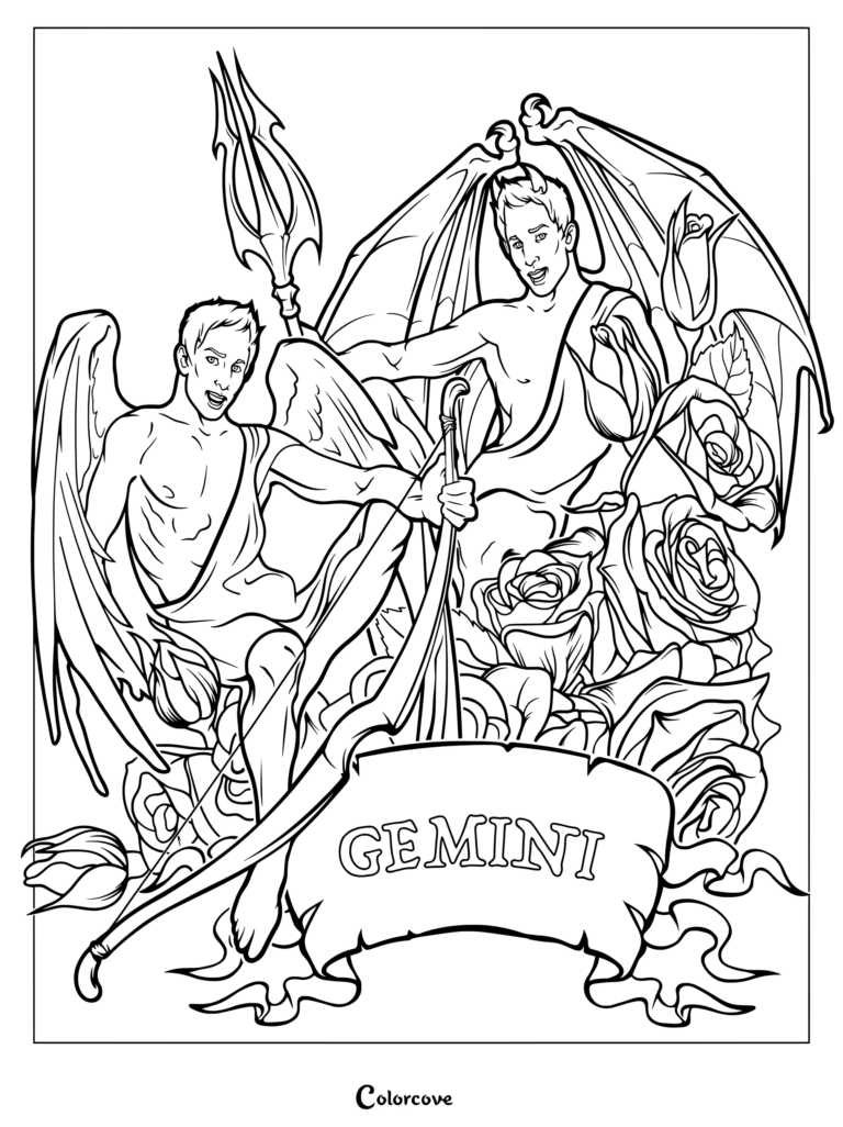 Astrology Zodiac coloring page featuring two winged male figures surrounded by roses and a Gemini banner.