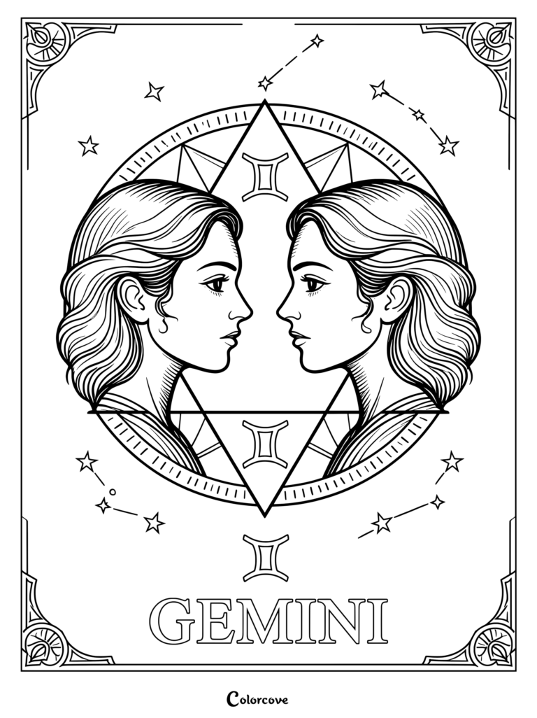 Astrology Zodiac coloring page featuring the Gemini twins framed in a circle with stars and symbols.