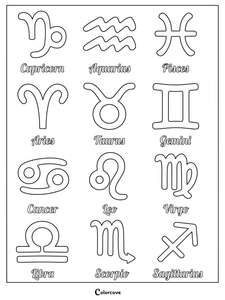 All twelve zodiac sign symbols arranged in a grid for an astrology zodiac coloring page.