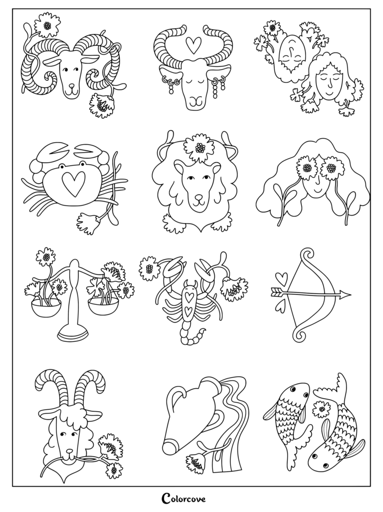 All twelve astrology zodiac signs featuring floral doodles on a printable coloring page.