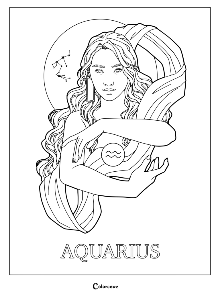 Aquarius astrology zodiac coloring page featuring a graceful woman with flowing hair and constellation.