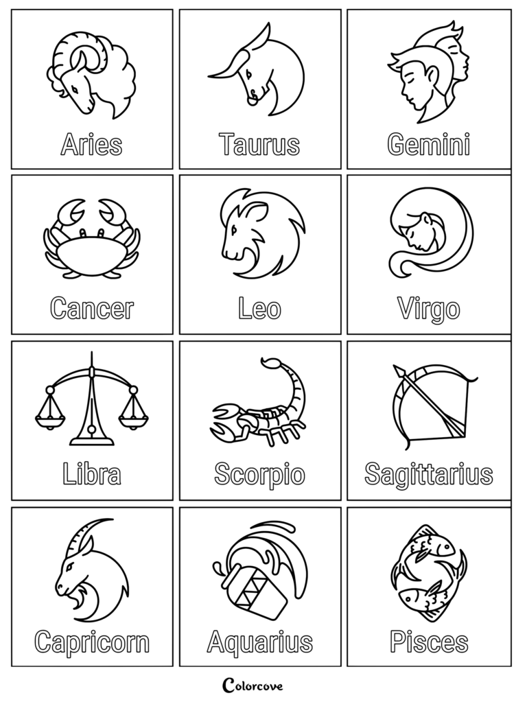 Twelve Astrology Zodiac signs sheet coloring page featuring Aries, Taurus, Gemini, Cancer, Leo, Virgo, Libra, Scorpio, Sagittarius, Capricorn, Aquarius, and Pisces.