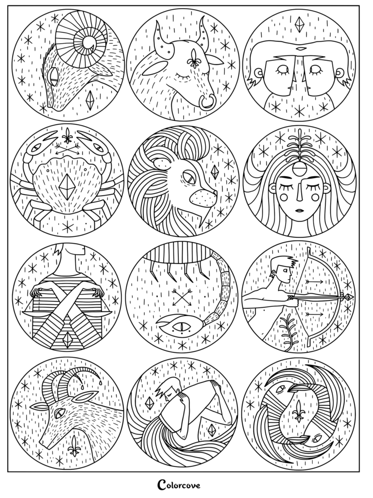 Complete astrology zodiac coloring page featuring twelve circular panels with distinct star sign illustrations and cosmic patterns.