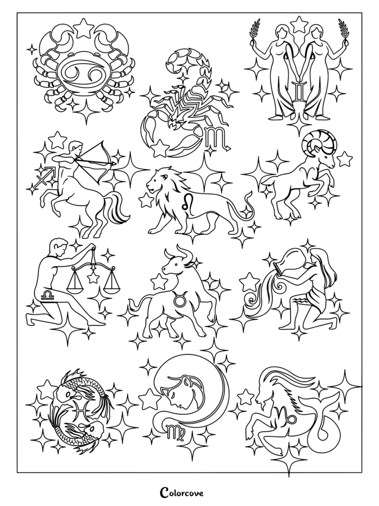 Complete set of astrology zodiac signs featuring twelve constellations as a printable coloring page.
