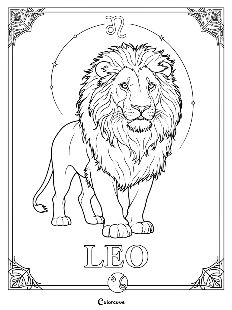 Leo the lion standing proudly framed by celestial symbols in an astrology zodiac coloring page.