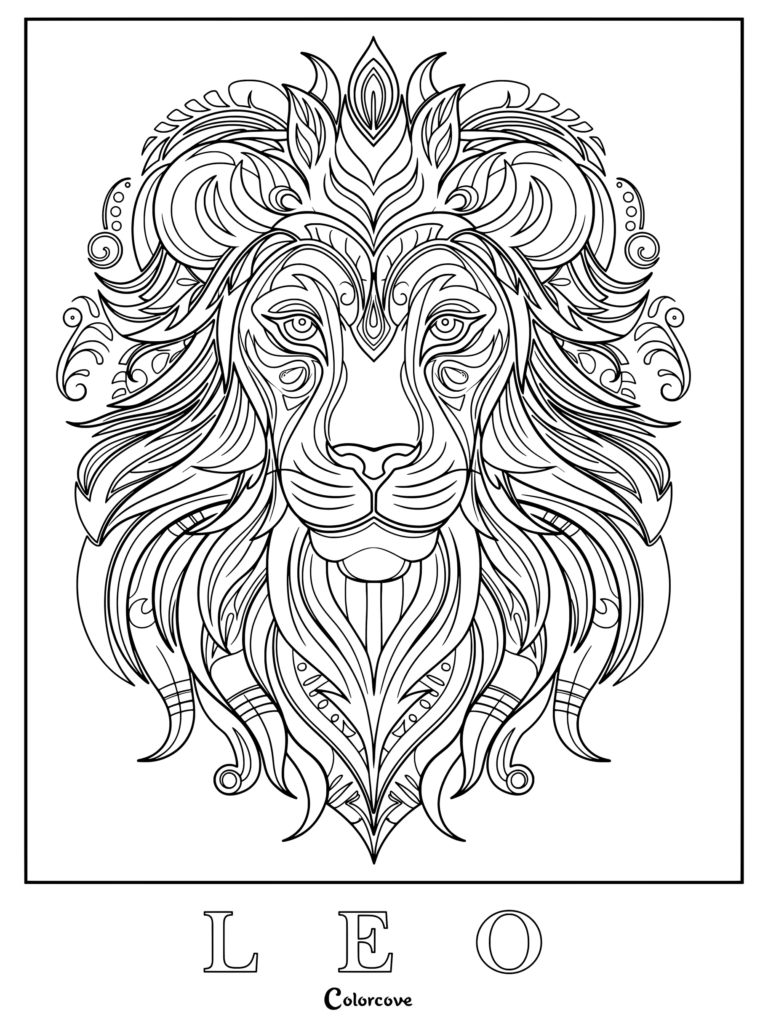 Detailed coloring page of the Leo astrology zodiac sign featuring an ornate lion face with intricate patterns.
