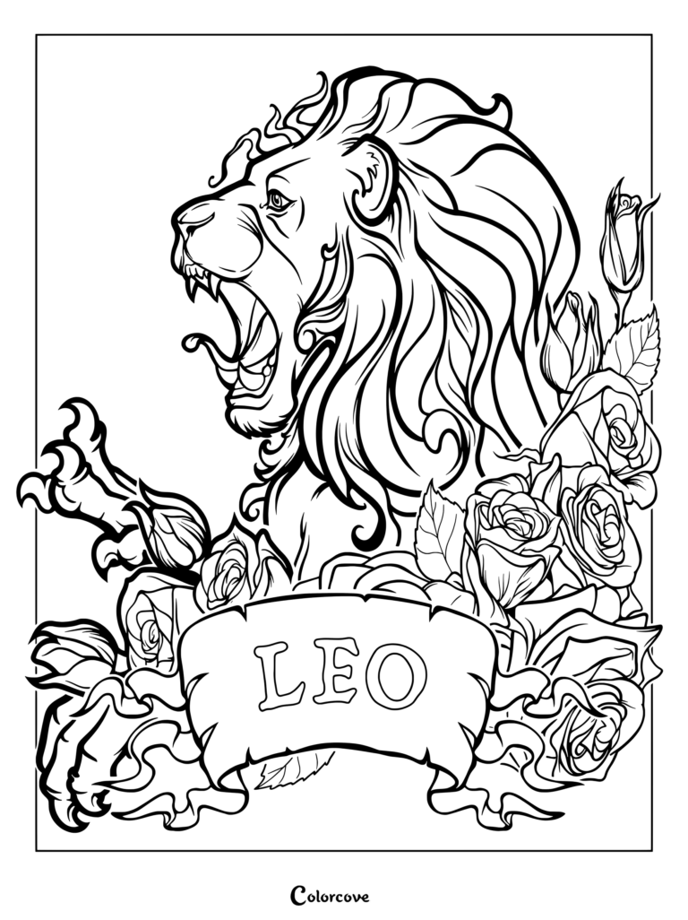 Astrology Zodiac coloring page featuring a roaring lion surrounded by roses and a banner with the text Leo.