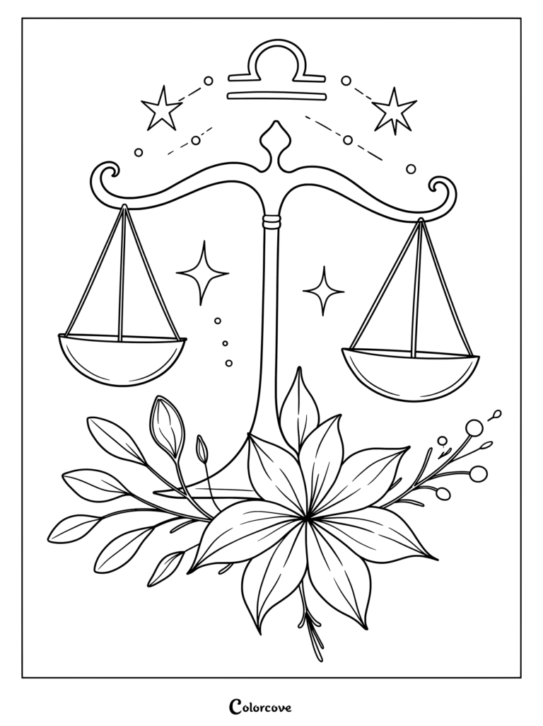 Printable astrology zodiac coloring page featuring the Libra symbol, scales, stars, and decorative floral elements.