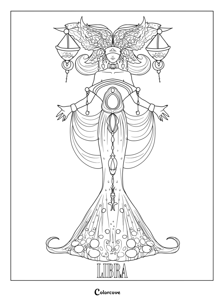 Astrology Zodiac coloring page featuring Libra as a blindfolded figure holding scales and wearing an ornate gown.