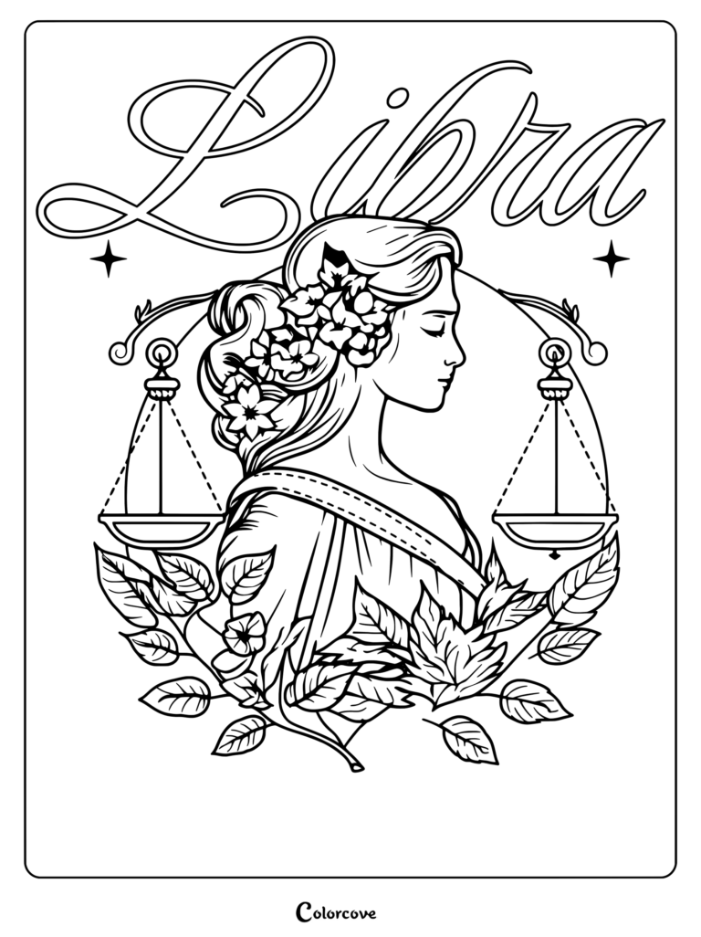 Detailed astrology zodiac coloring page featuring the Libra sign with scales and floral design.