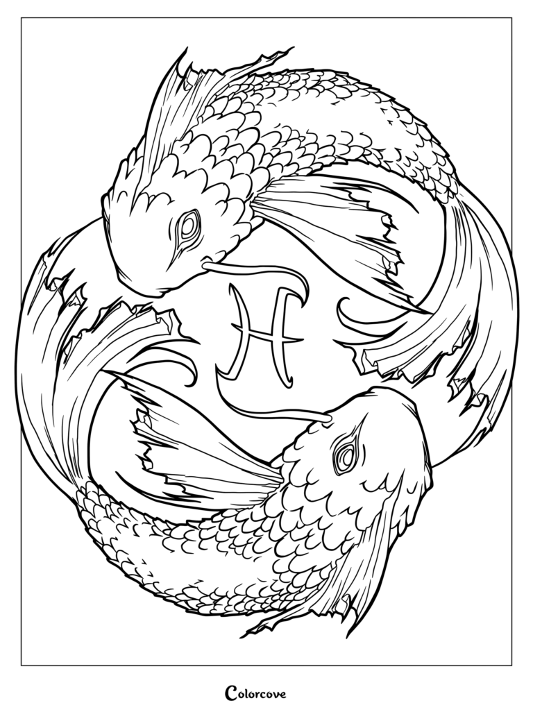Pisces astrology zodiac coloring page featuring two koi fish swimming in a circle with the zodiac symbol.