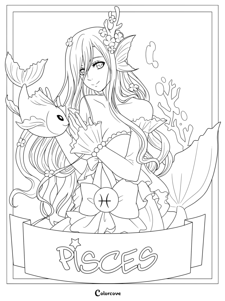 Pisces astrology zodiac coloring page featuring a mermaid with a fish and coral.
