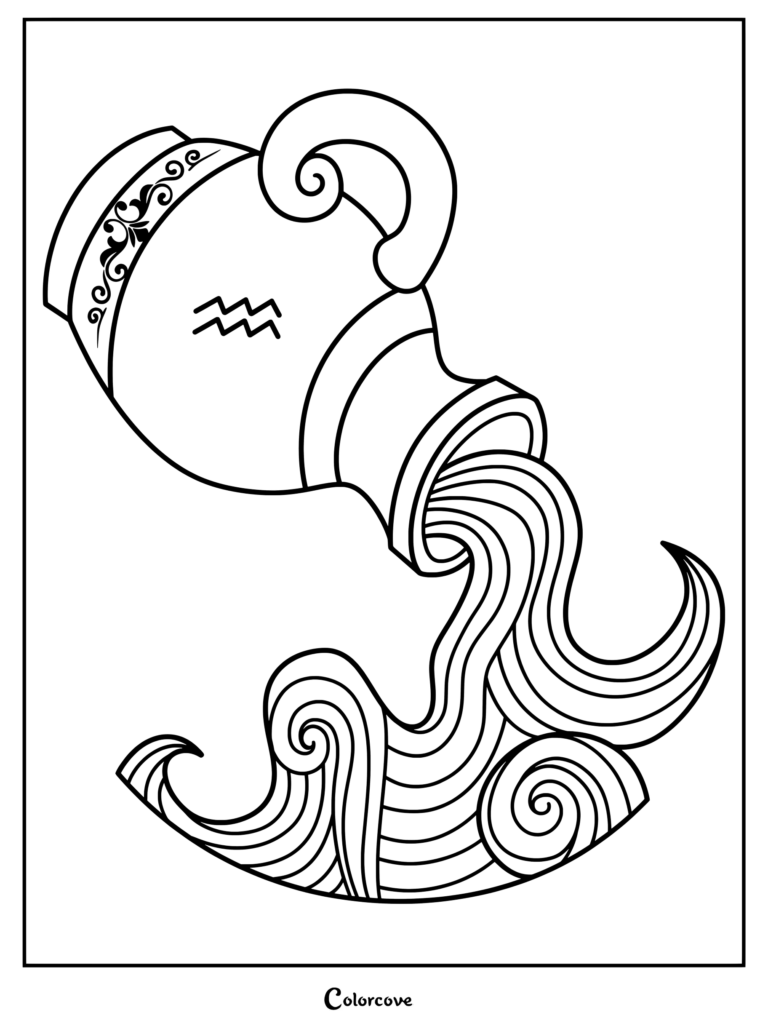 Detailed Aquarius astrology zodiac coloring page featuring a pouring water urn.