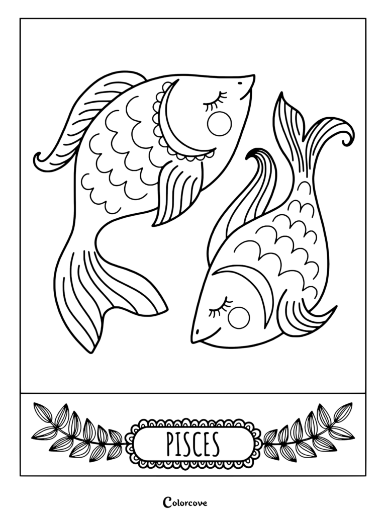 Pisces 1 Astrology Zodiac coloring page featuring two swimming fish with ornate scales.