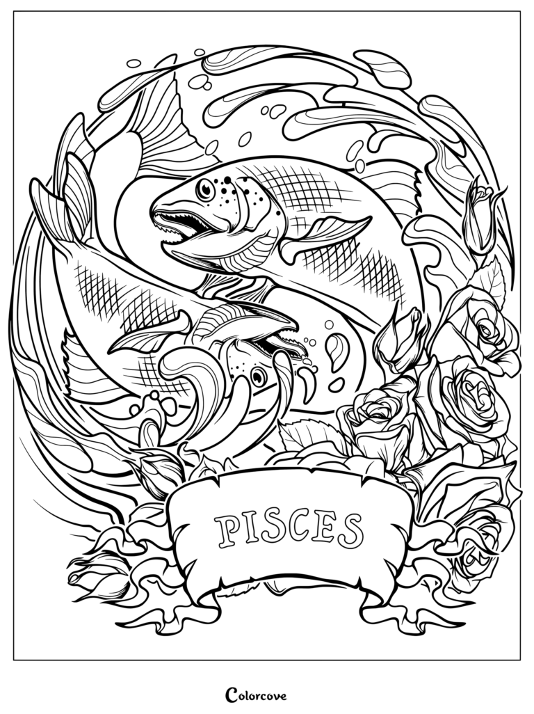 Pisces astrology zodiac coloring page featuring two fish swimming in waves with roses and a banner.