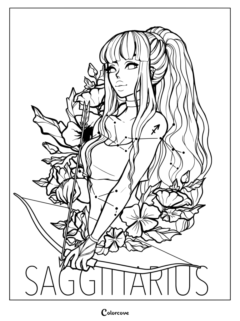 Astrology Zodiac coloring page featuring Sagittarius holding a bow surrounded by floral elements.