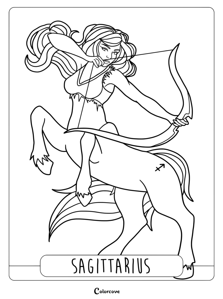 Sagittarius centaur archer aiming a bow, astrology zodiac coloring page