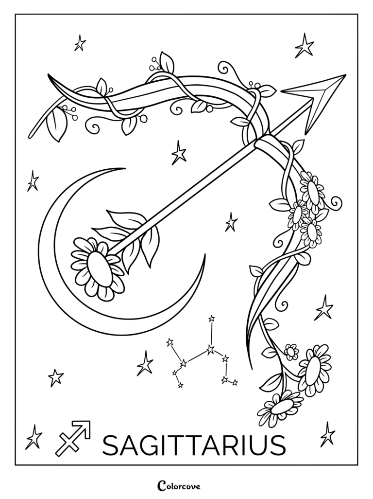 Astrology Zodiac coloring page featuring a floral bow and arrow with stars.