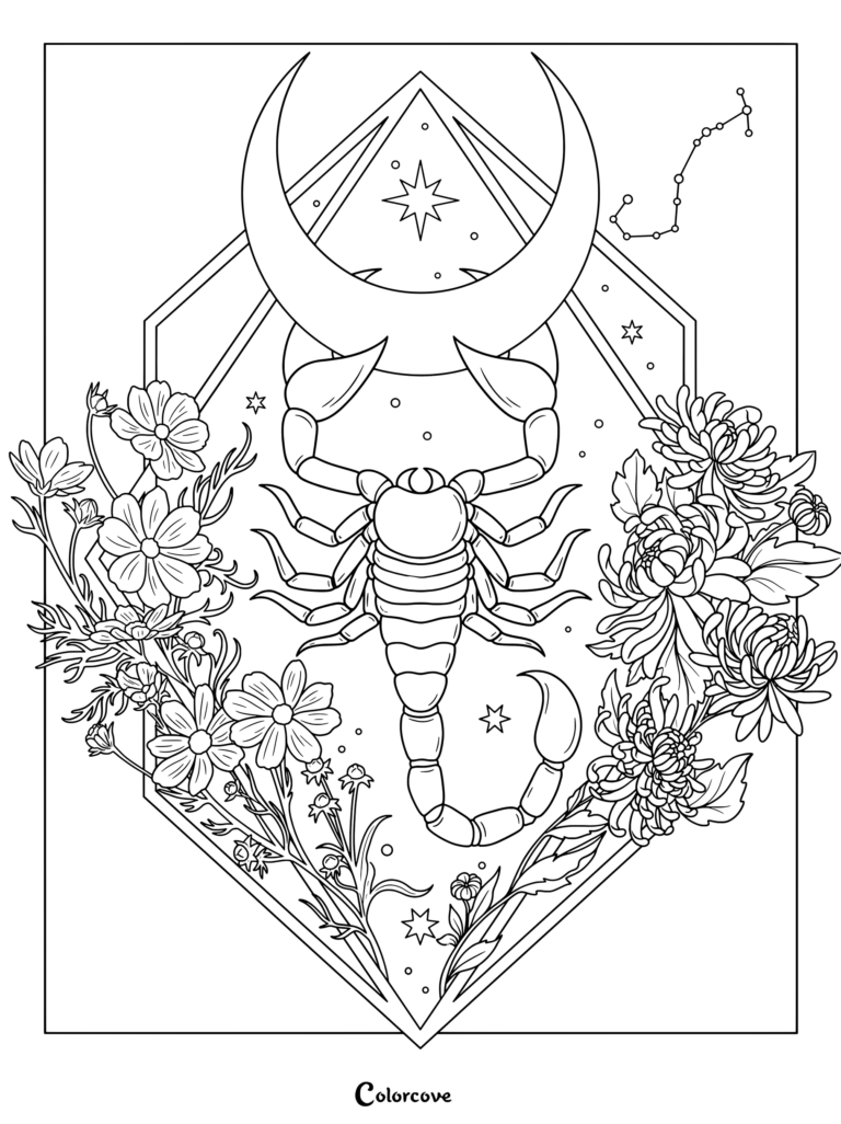 Scorpio astrology zodiac coloring page featuring a scorpion surrounded by flowers, a crescent moon, and stars.