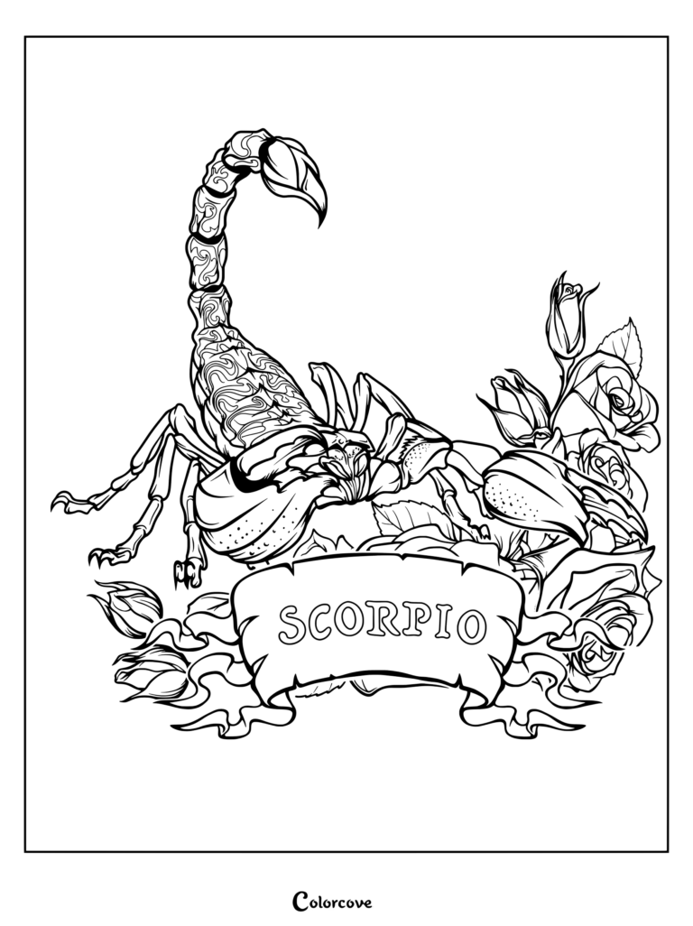 Scorpio astrology zodiac coloring page featuring a detailed scorpion and roses with a banner.