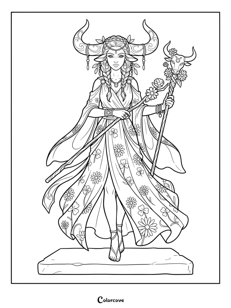Detailed coloring page of Taurus the Astrology Zodiac sign featuring a horned goddess holding a floral staff.