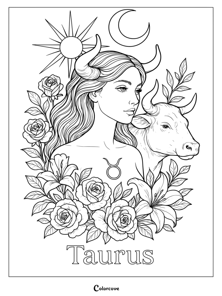 Detailed astrology zodiac coloring page featuring Taurus with a bull, roses, lilies, sun, and crescent moon.