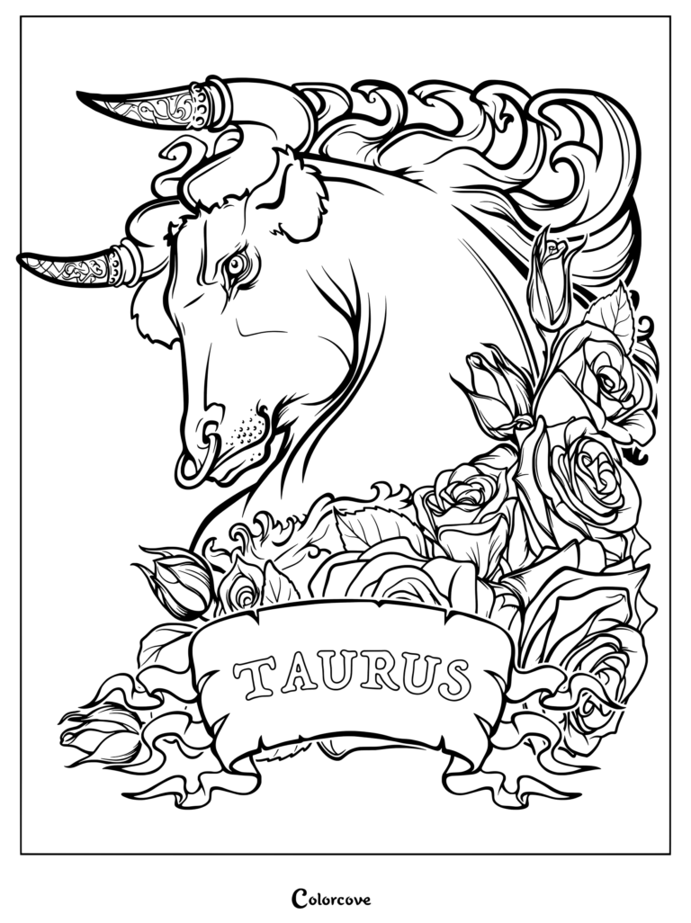 Detailed astrology zodiac coloring page featuring a strong Taurus bull surrounded by blooming roses.