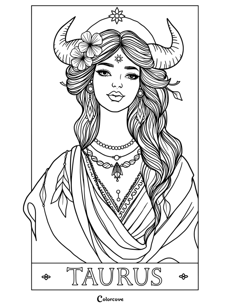 Astrology Zodiac Taurus coloring page featuring a graceful woman with horns, floral hair adornments, and layered necklaces.