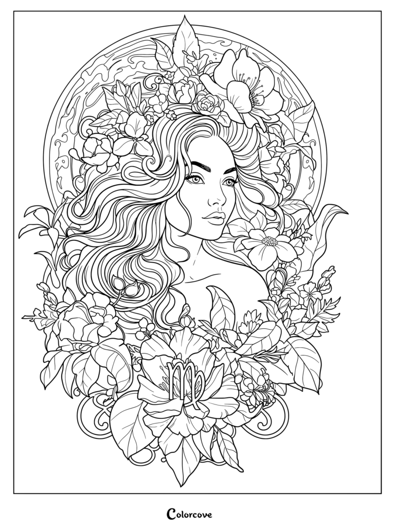 Detailed astrology zodiac coloring page featuring Virgo surrounded by flowers and leaves.