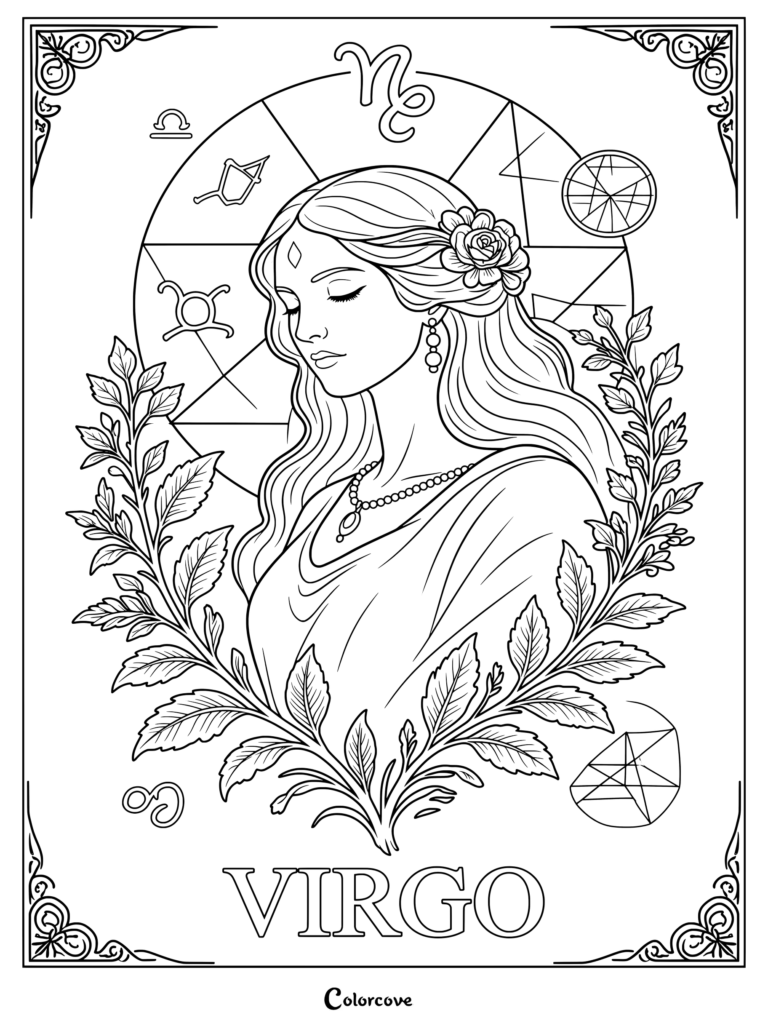 Detailed astrology zodiac coloring page featuring Virgo with floral accents and celestial symbols.