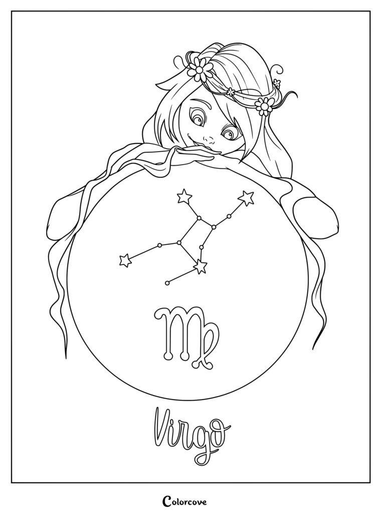 Virgo astrological zodiac sign coloring page featuring a smiling girl with flowers in her hair leaning over a glowing orb.