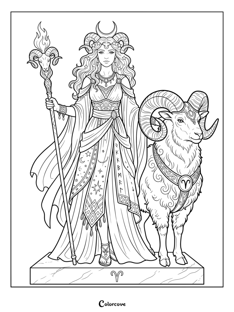 Aries astrology zodiac coloring page featuring a goddess holding a flaming staff alongside a majestic ram.