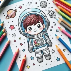 Coloring page of a cute astronaut in space with planets and stars, surrounded by colored pencils for children's drawing fun.