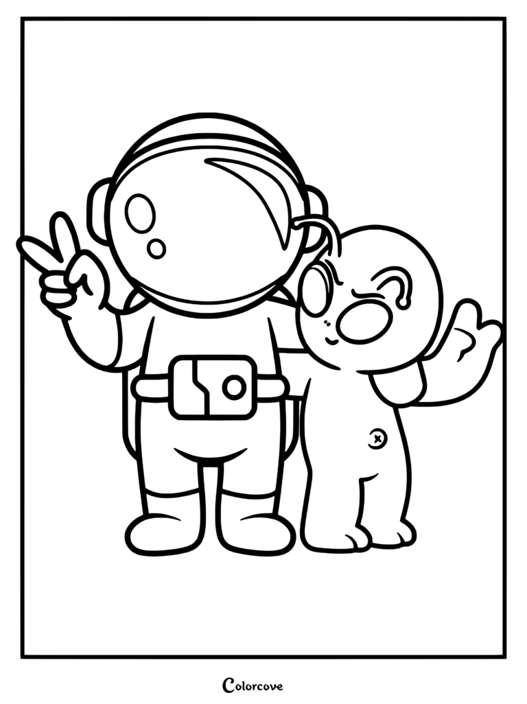 A friendly astronaut and a small alien making peace signs together in this printable coloring page.