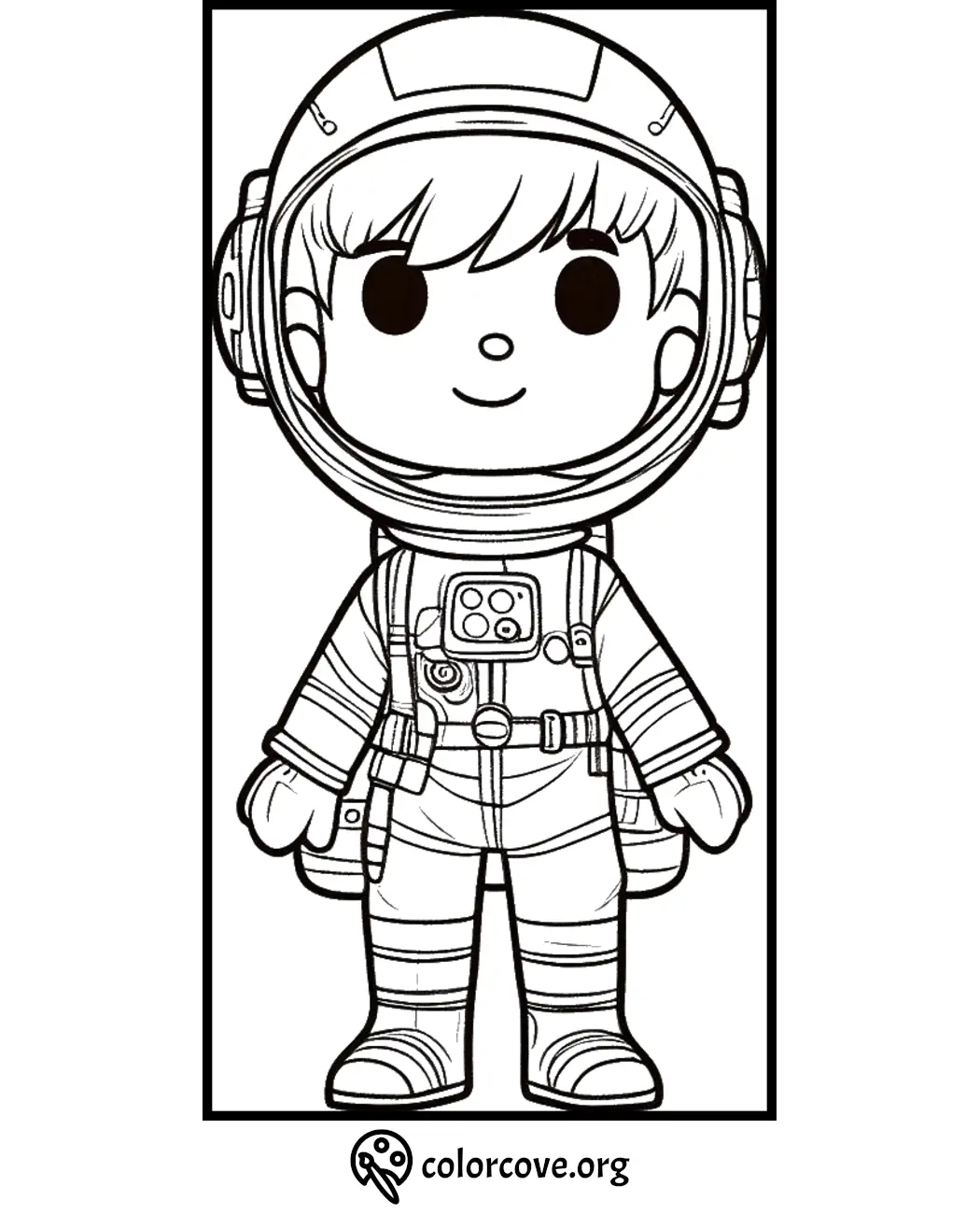 Cute astronaut coloring page for kids featuring a smiling character in a space suit and helmet from colorcove.org.