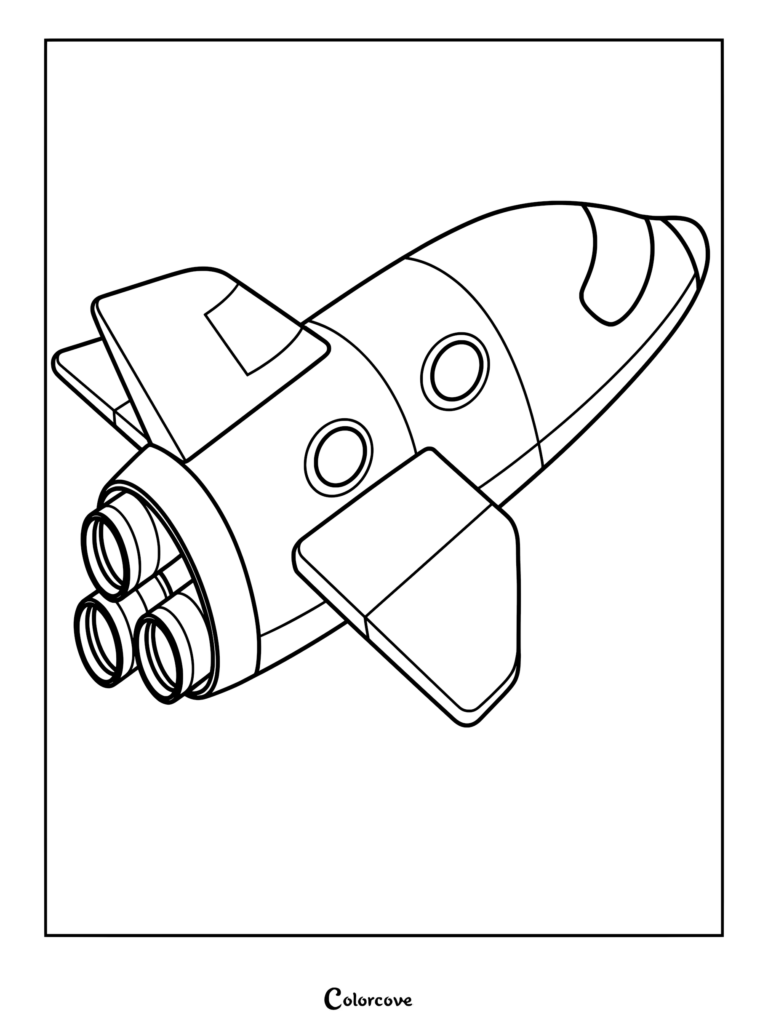 A simple cartoon spaceship coloring page featuring a rocket with three rear thrusters and two side wings in an isometric view.