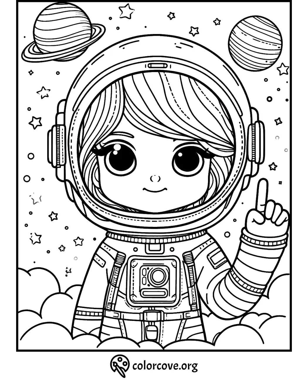 Coloring page of a cute astronaut in space with planets and stars in the background, available at colorcove.org.