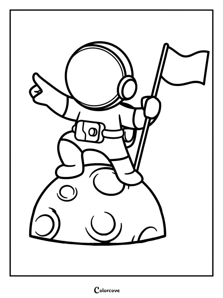 A cute cartoon astronaut standing on a cratered moon surface holding a flag and pointing, printable coloring page.