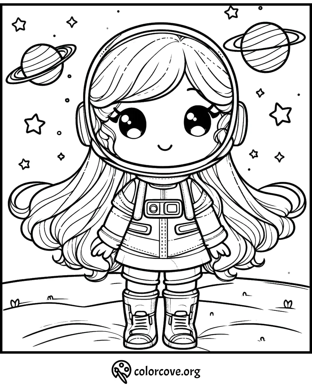 Cute astronaut girl coloring page with stars and planets in the background. Fun space-themed printable for kids.