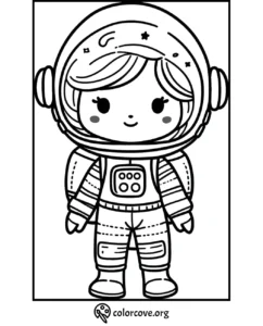 Cute astronaut coloring page for kids, featuring a smiling character in a spacesuit with helmet and stars.