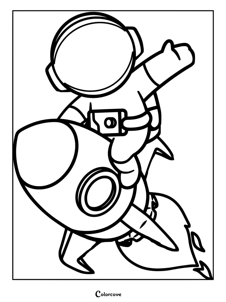 A cute astronaut in a space suit riding a rocket ship with a trail of fire, black and white line art coloring page.