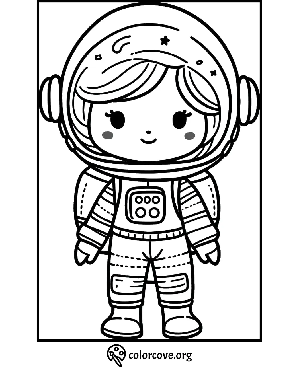 Cute astronaut coloring page for kids, featuring a smiling character in a spacesuit with helmet and stars.