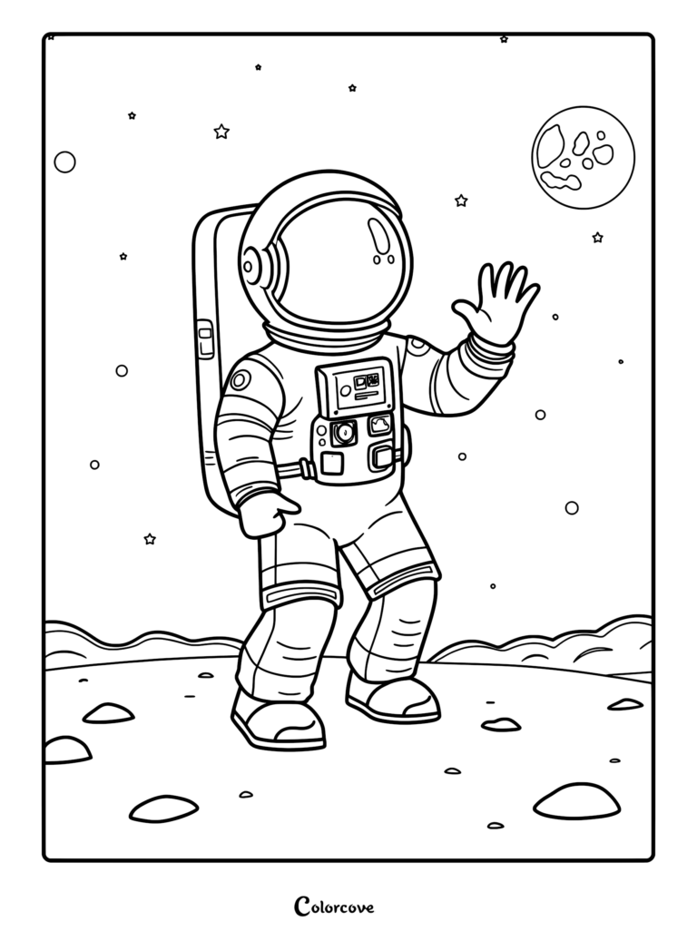 An astronaut in a detailed space suit waving on the lunar surface with a cratered moon and stars in the background, coloring page.