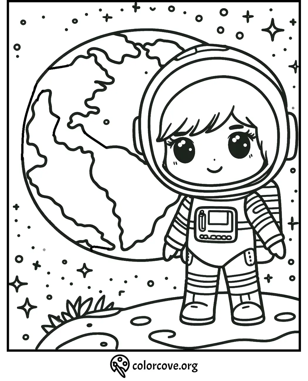 Adorable space-themed coloring page with an astronaut child on the moon, Earth, and stars in the background, colorcove.org.