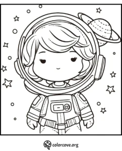 Cute astronaut coloring page featuring a child in a spacesuit with stars and planets in the background. Ready to color!