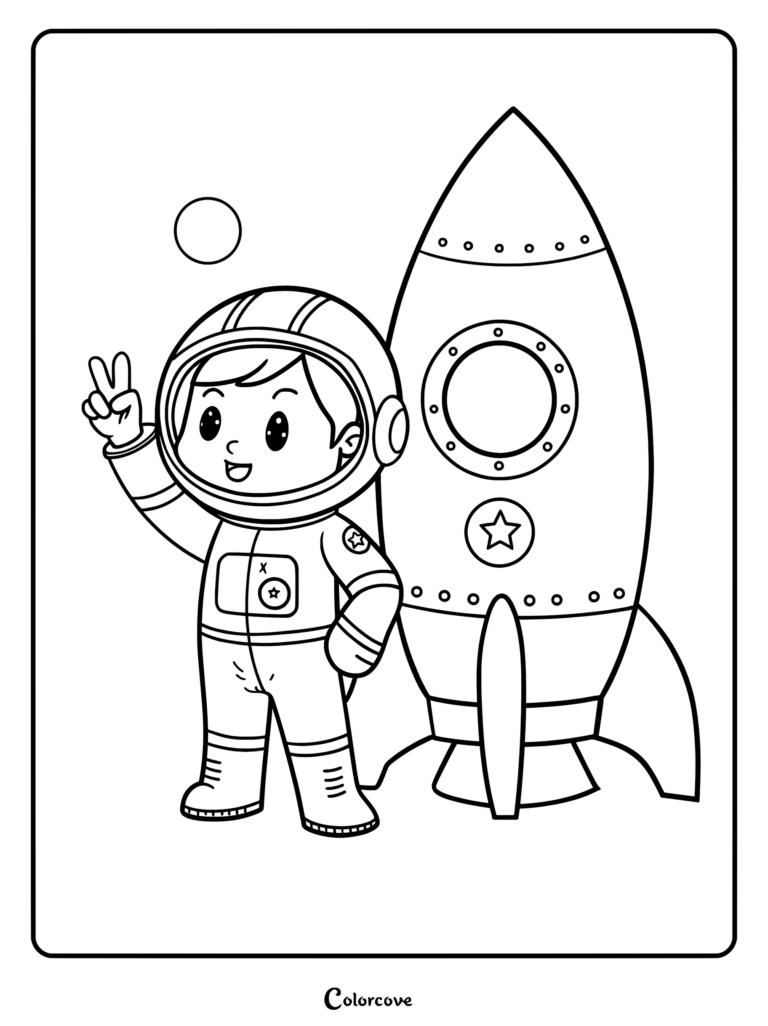 A cute astronaut in a space suit giving a peace sign next to a rocket ship coloring page.