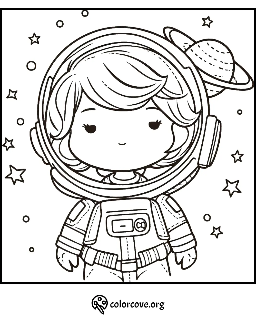 Cute astronaut coloring page featuring a child in a spacesuit with stars and planets in the background. Ready to color!