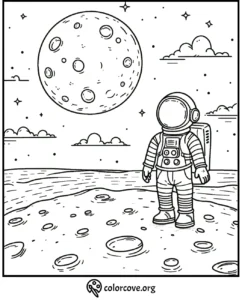 Astronaut on moon coloring page with stars, clouds, and moon in the background for kids to color.